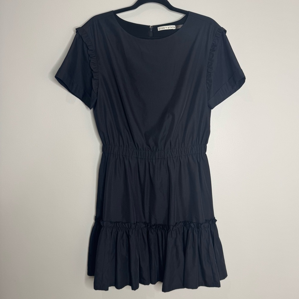 Alice + Olivia Black‎ Garner Ruffle Short Sleeve tiered Mini Dress Minimal Sz 10